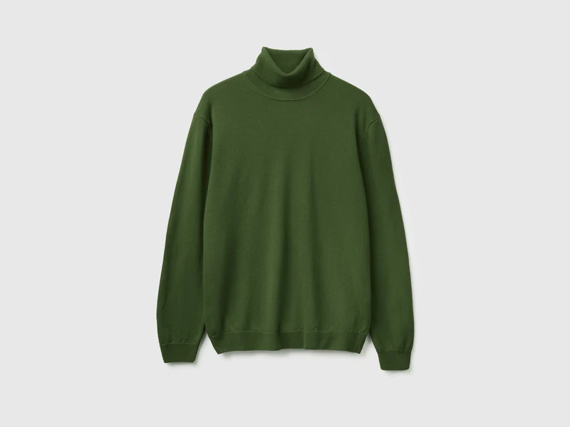 Olivgrüner Rollkragenpullover aus reiner Merinowolle