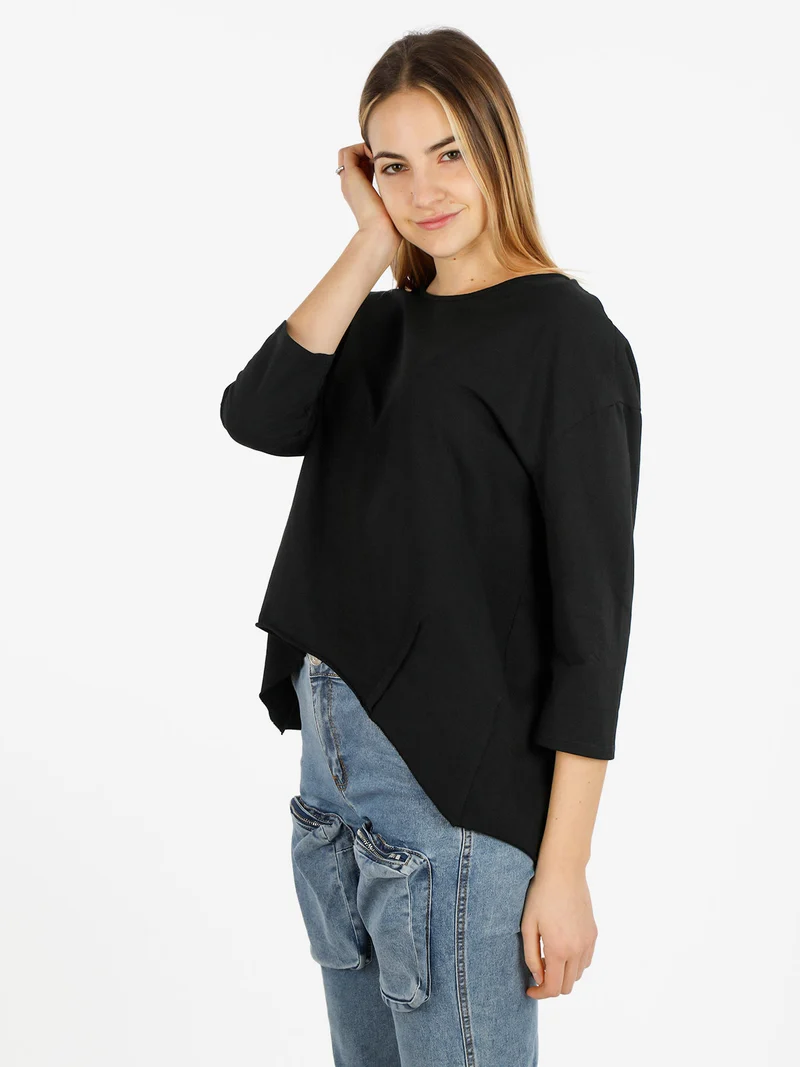 T-shirt donna a manica lunga con spacco dietro - nero