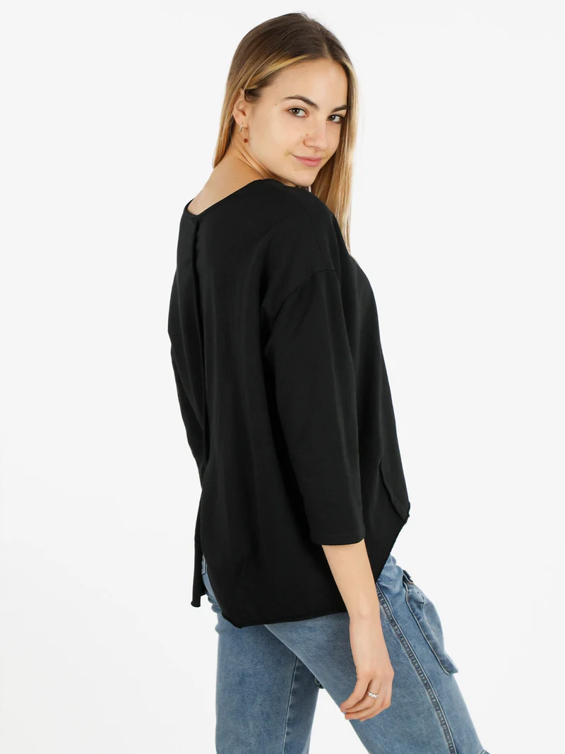 T-shirt donna a manica lunga con spacco dietro - nero