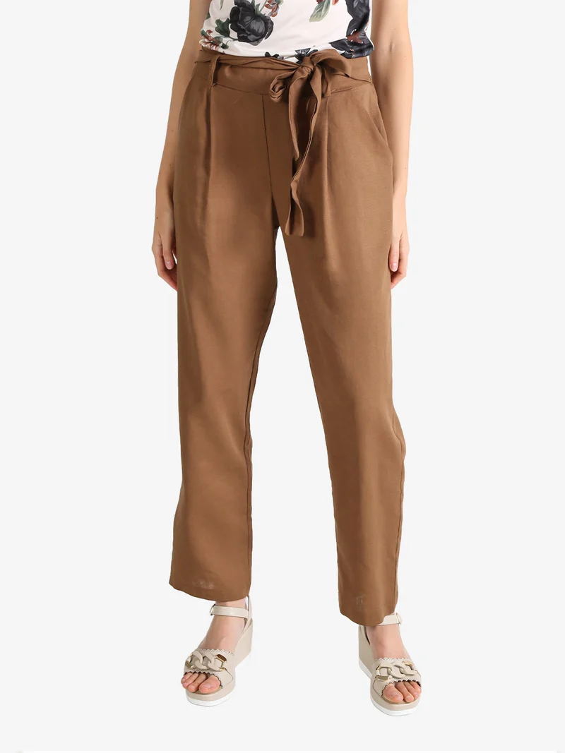 Pantaloni donna in misto lino con cintura - marrone