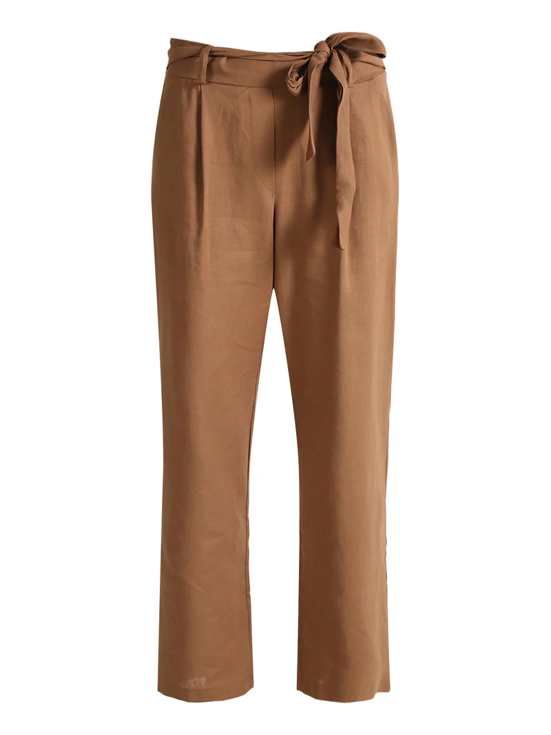 Pantaloni donna in misto lino con cintura - marrone