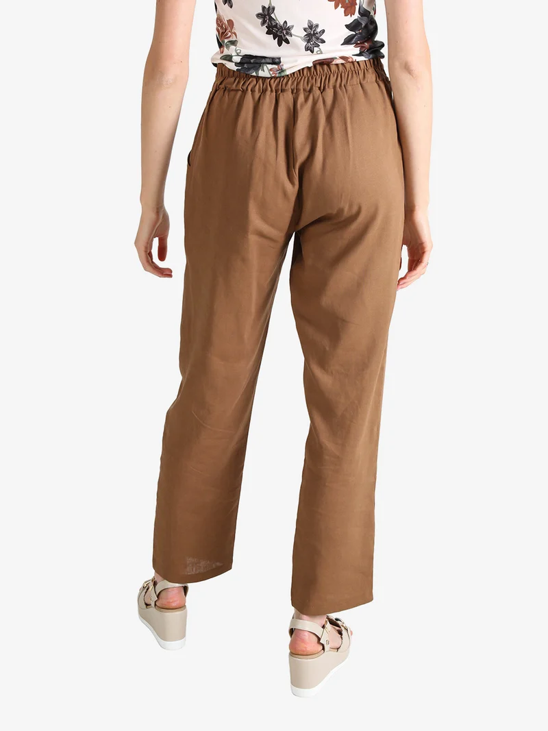 Pantaloni donna in misto lino con cintura - marrone