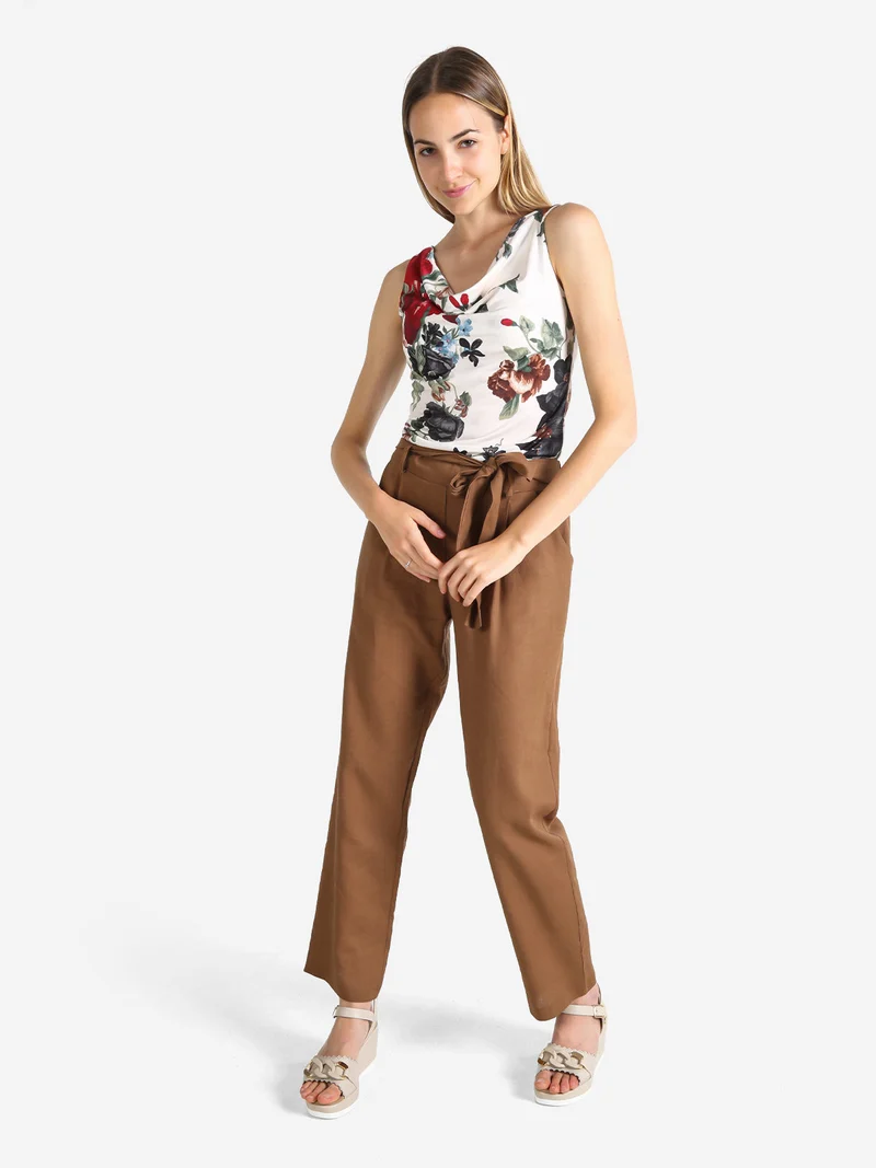 Pantaloni donna in misto lino con cintura - marrone