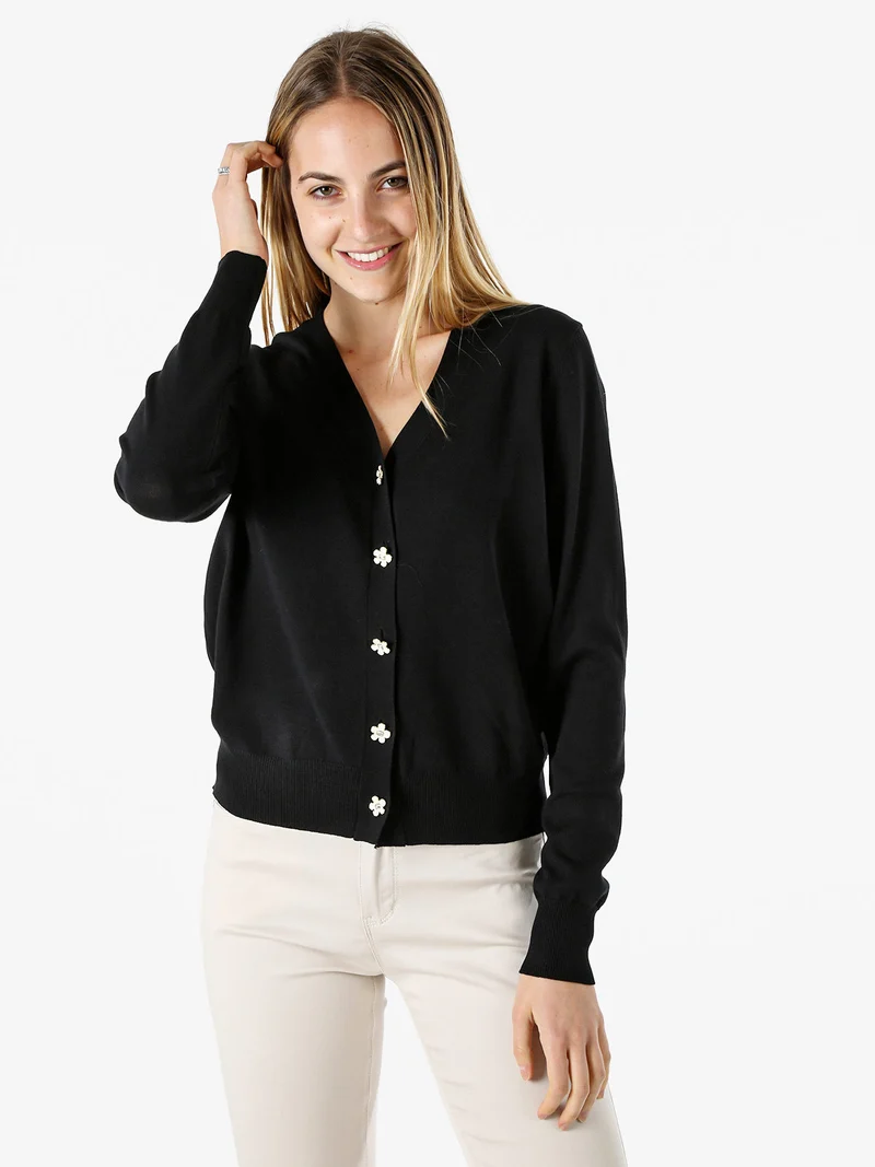 Cardigan donna con bottoni eleganti a fiore - nero