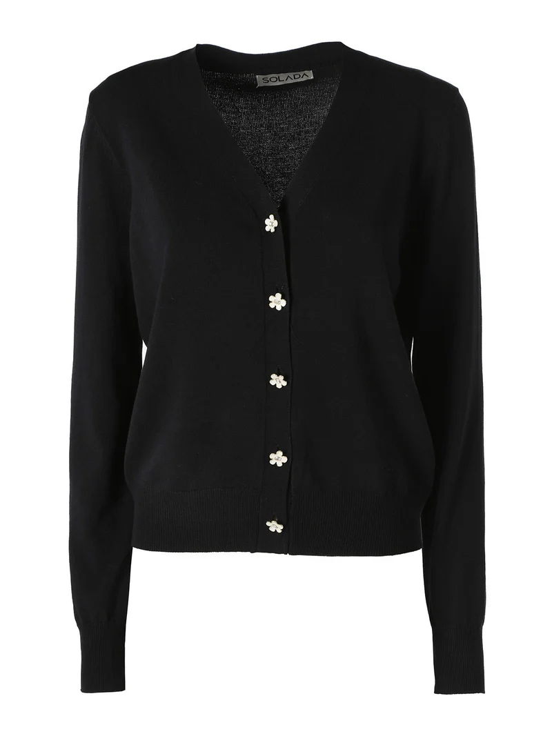 Cardigan donna con bottoni eleganti a fiore - nero