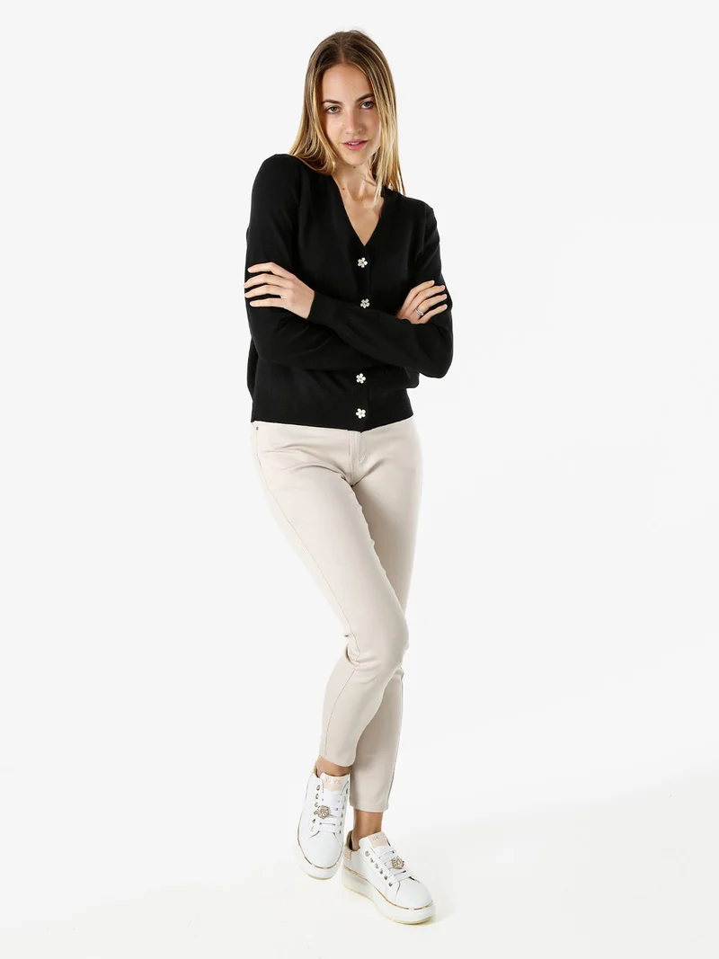 Cardigan donna con bottoni eleganti a fiore - nero
