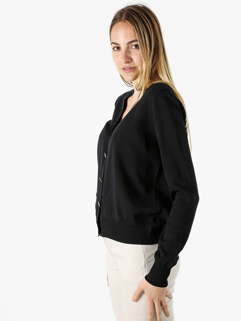 Cardigan donna con bottoni eleganti a fiore - nero