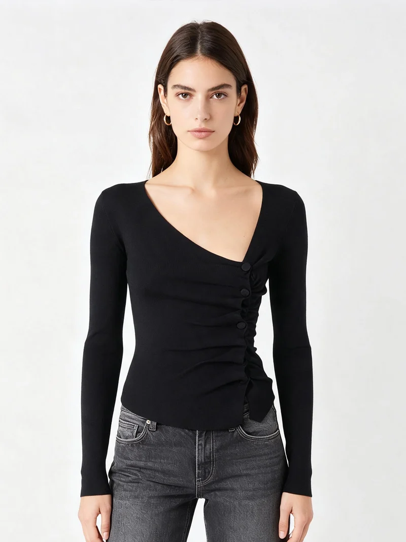 Top donna in maglia a maniche lunghe con bottoni - nero