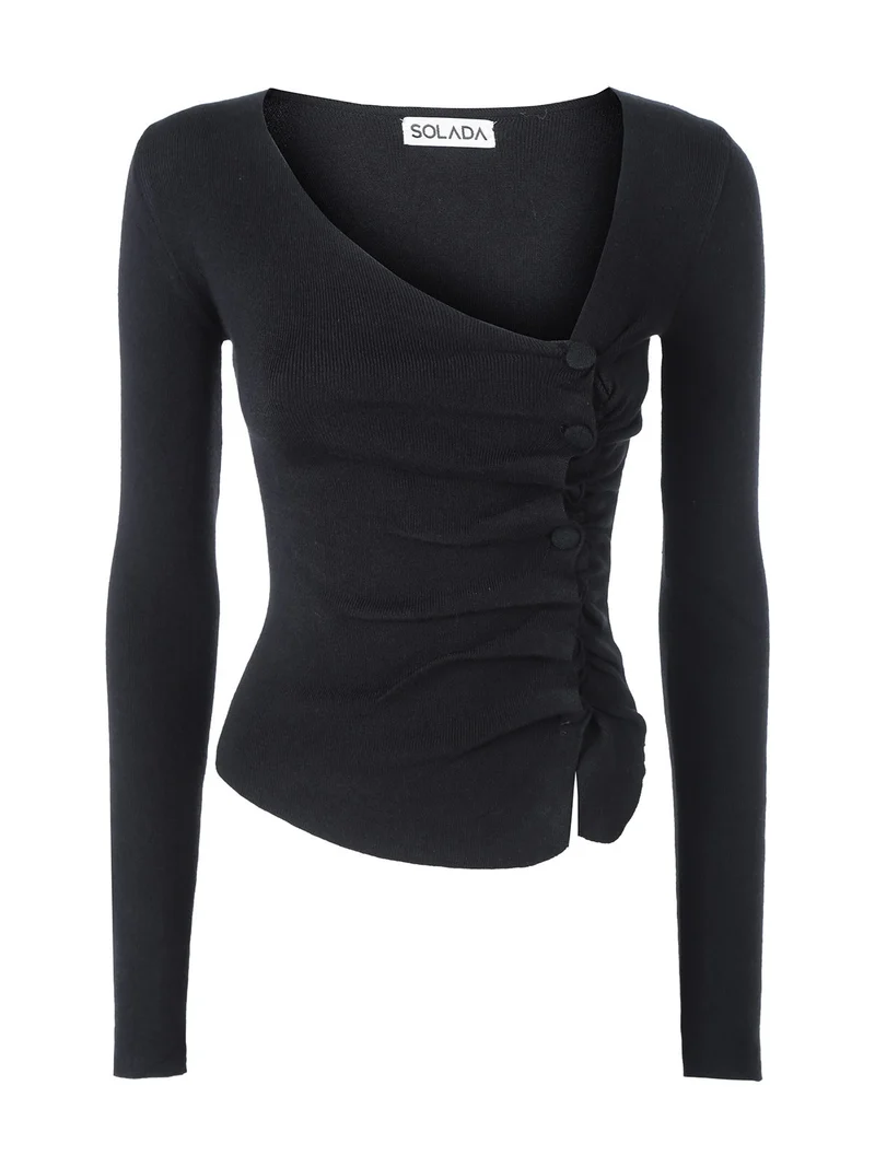 Top donna in maglia a maniche lunghe con bottoni - nero