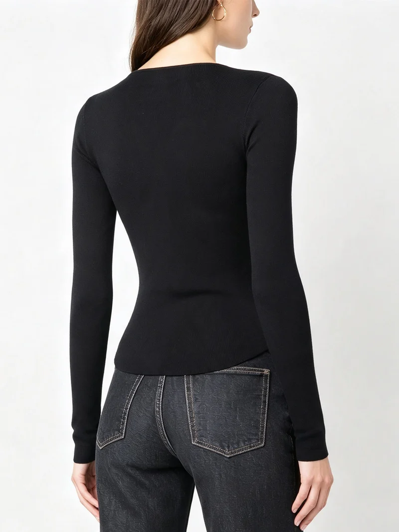 Top donna in maglia a maniche lunghe con bottoni - nero