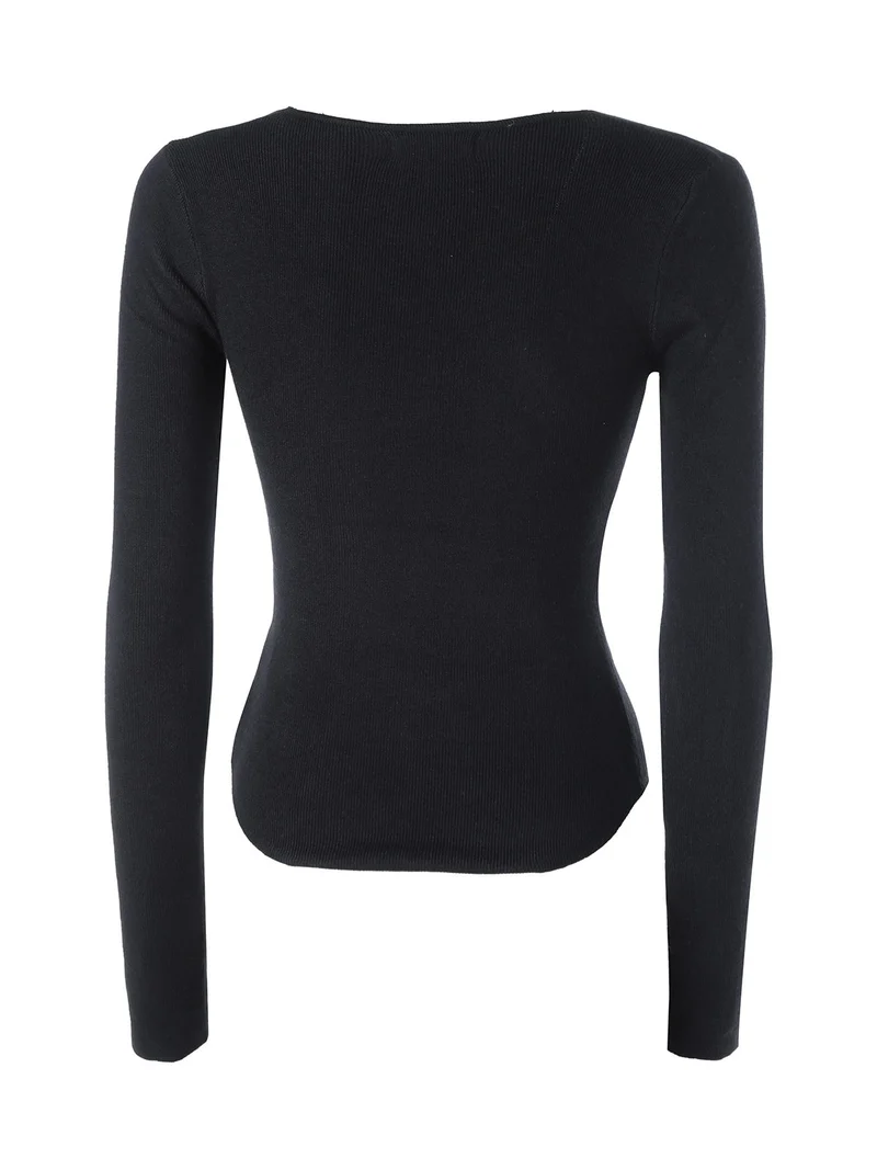 Top donna in maglia a maniche lunghe con bottoni - nero