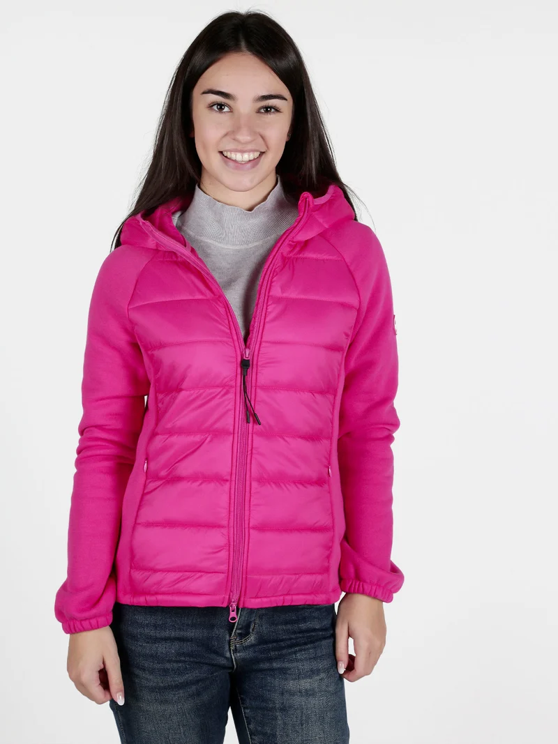 Giubbotto donna con cappuccio e maniche in felpa - fucsia