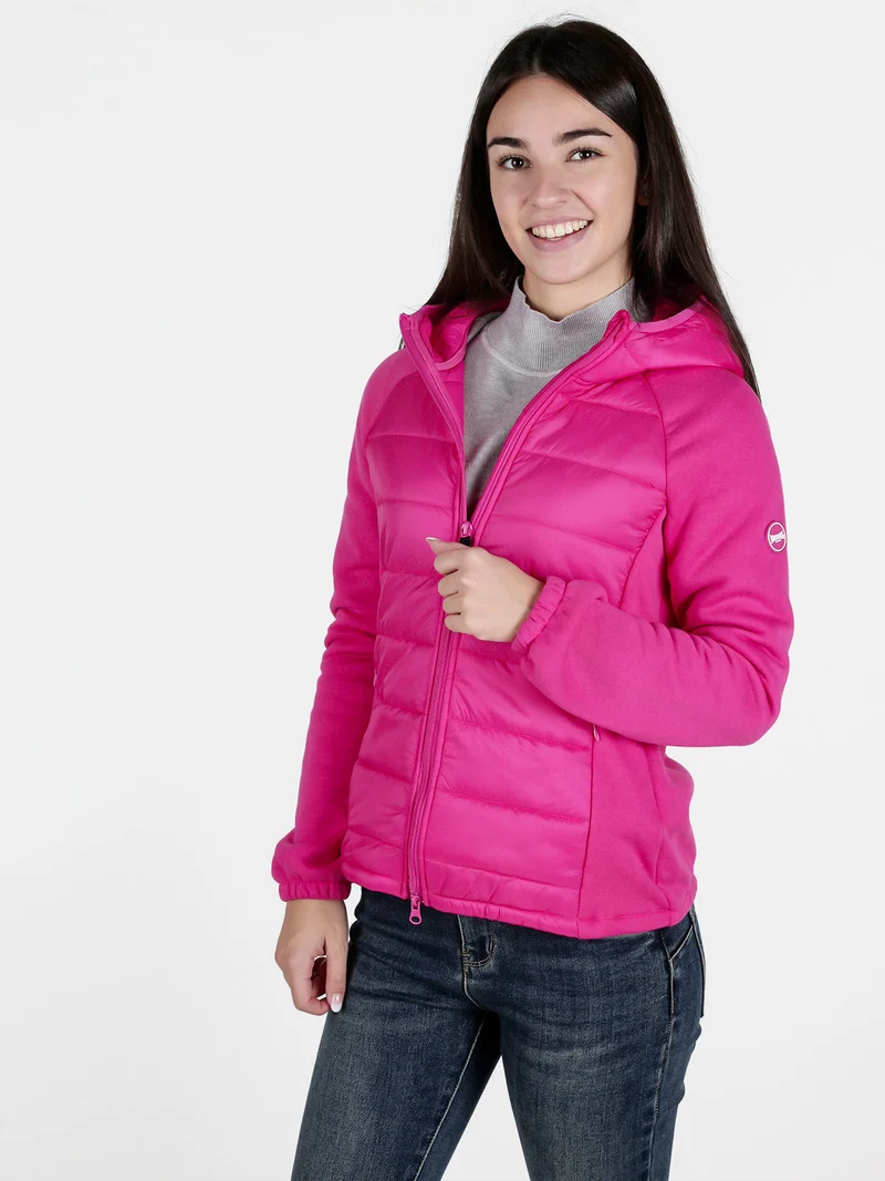 Giubbotto donna con cappuccio e maniche in felpa - fucsia
