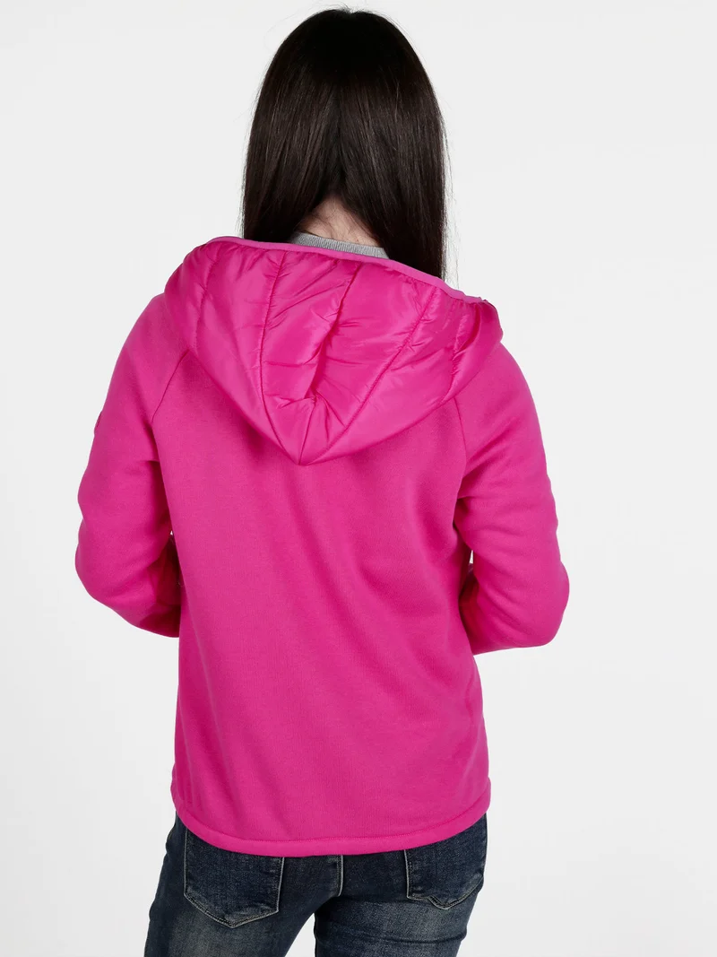 Giubbotto donna con cappuccio e maniche in felpa - fucsia