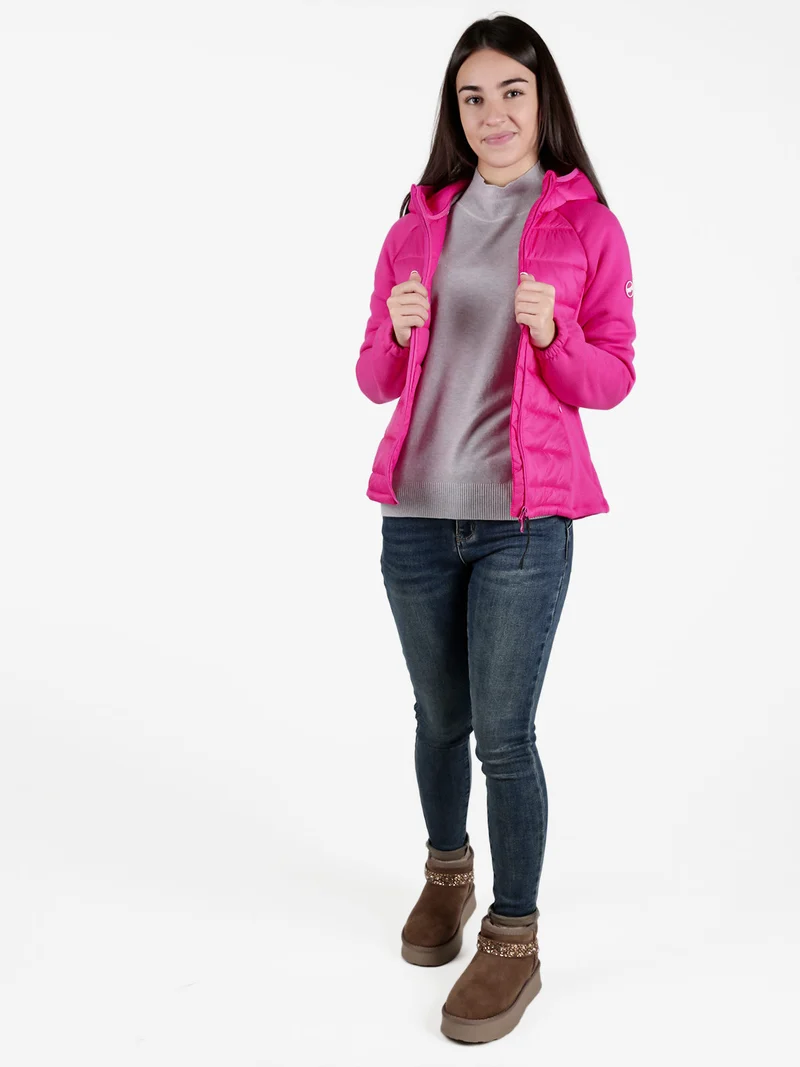Giubbotto donna con cappuccio e maniche in felpa - fucsia