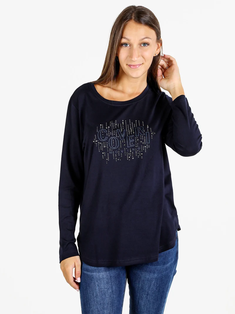 T-shirt donna a maniche lunghe con strass - blu scuro