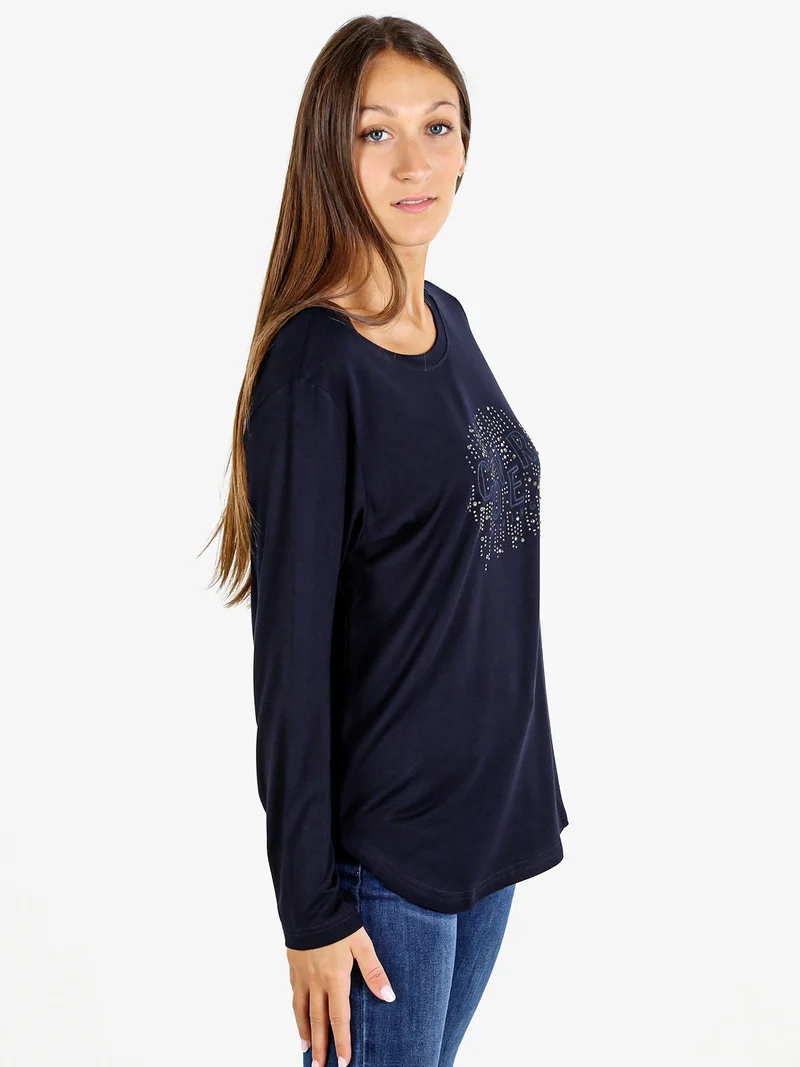 T-shirt donna a maniche lunghe con strass - blu scuro