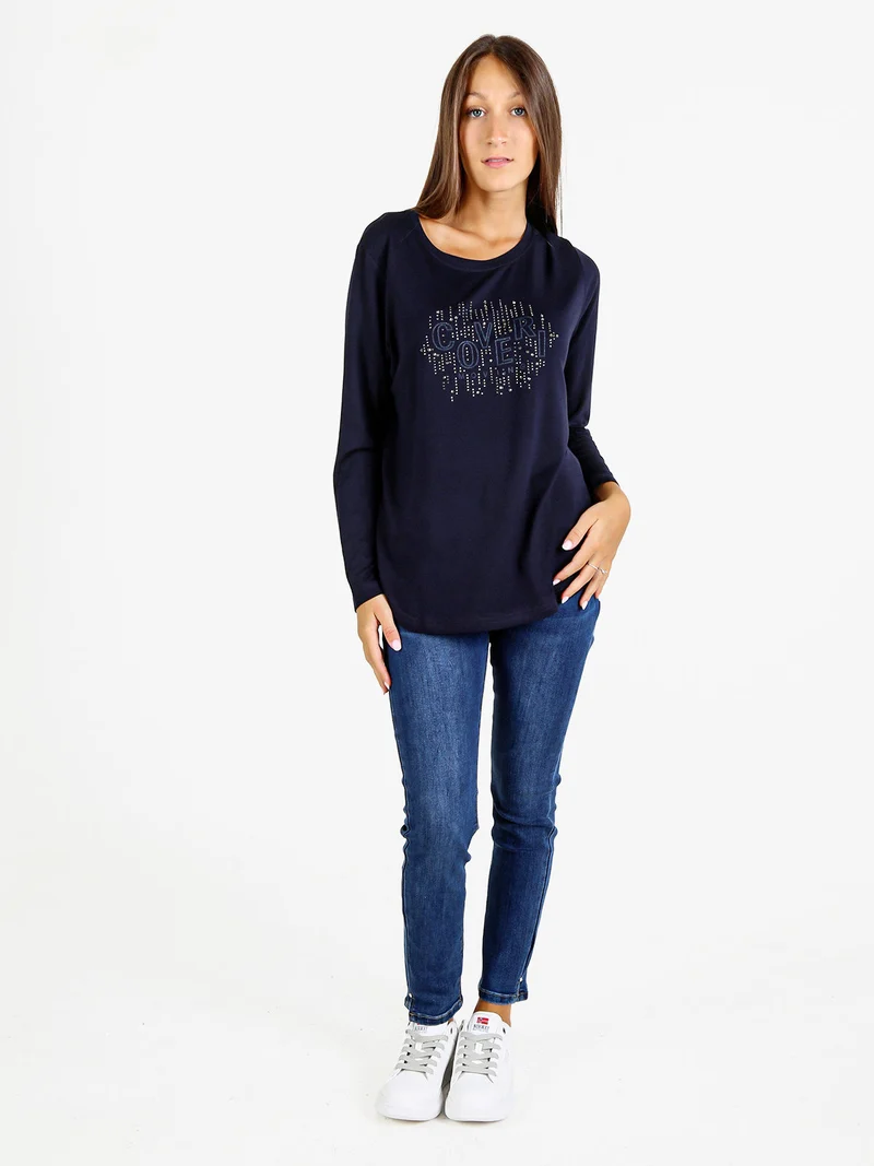 T-shirt donna a maniche lunghe con strass - blu scuro