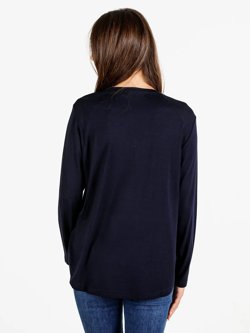 T-shirt donna a maniche lunghe con strass - blu scuro