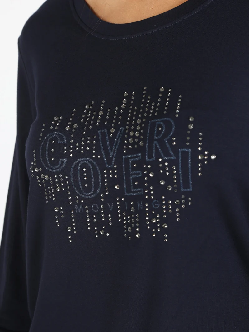 T-shirt donna a maniche lunghe con strass - blu scuro