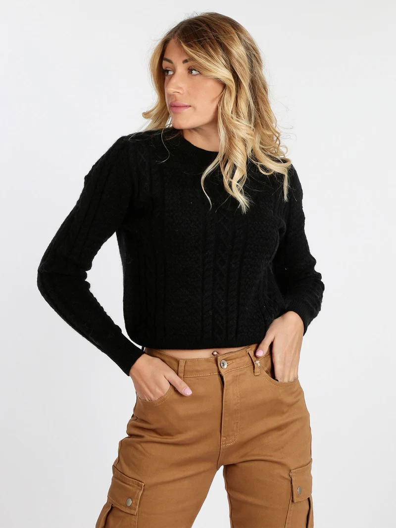 Maglione donna girocollo a treccia - nero