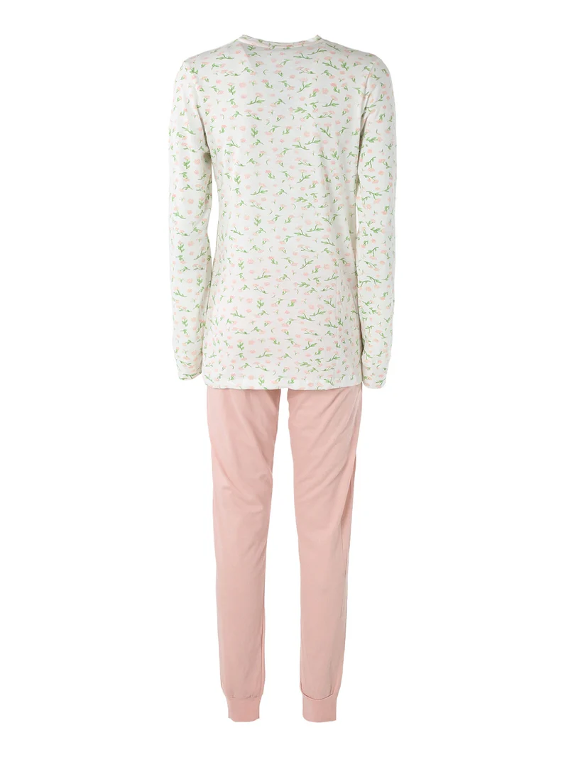 Pigiama lungo da donna in cotone con stampa fiorata - rosa