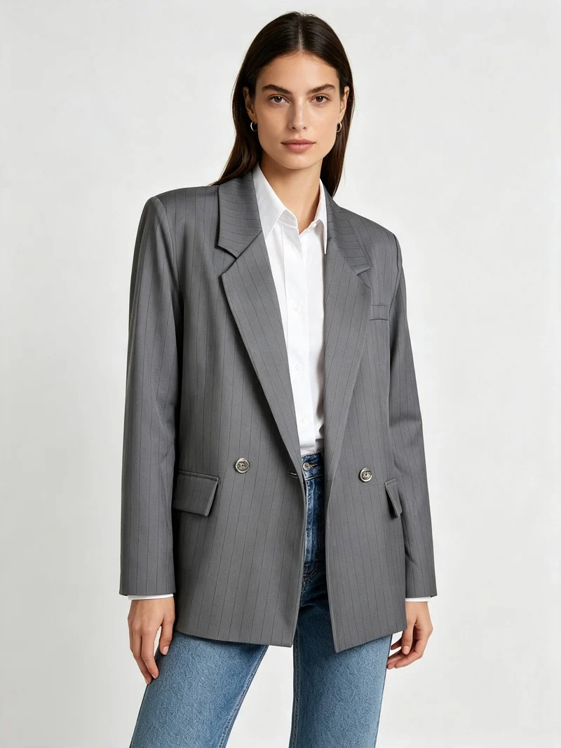 Blazer donna gessato con chiusura a doppio petto - grigio scuro