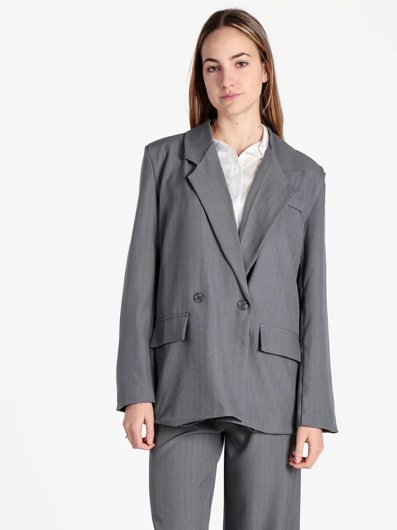 Blazer donna gessato con chiusura a doppio petto - grigio scuro