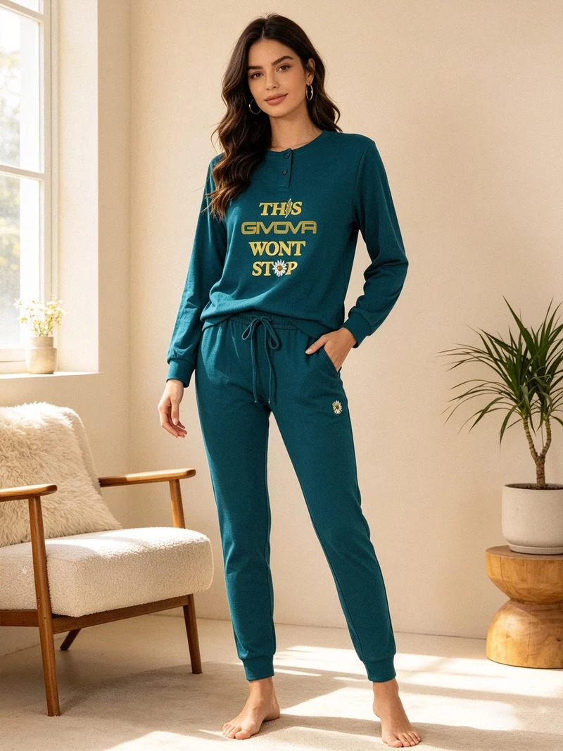 Pigiama lungo da donna in cotone interlock - ottanio