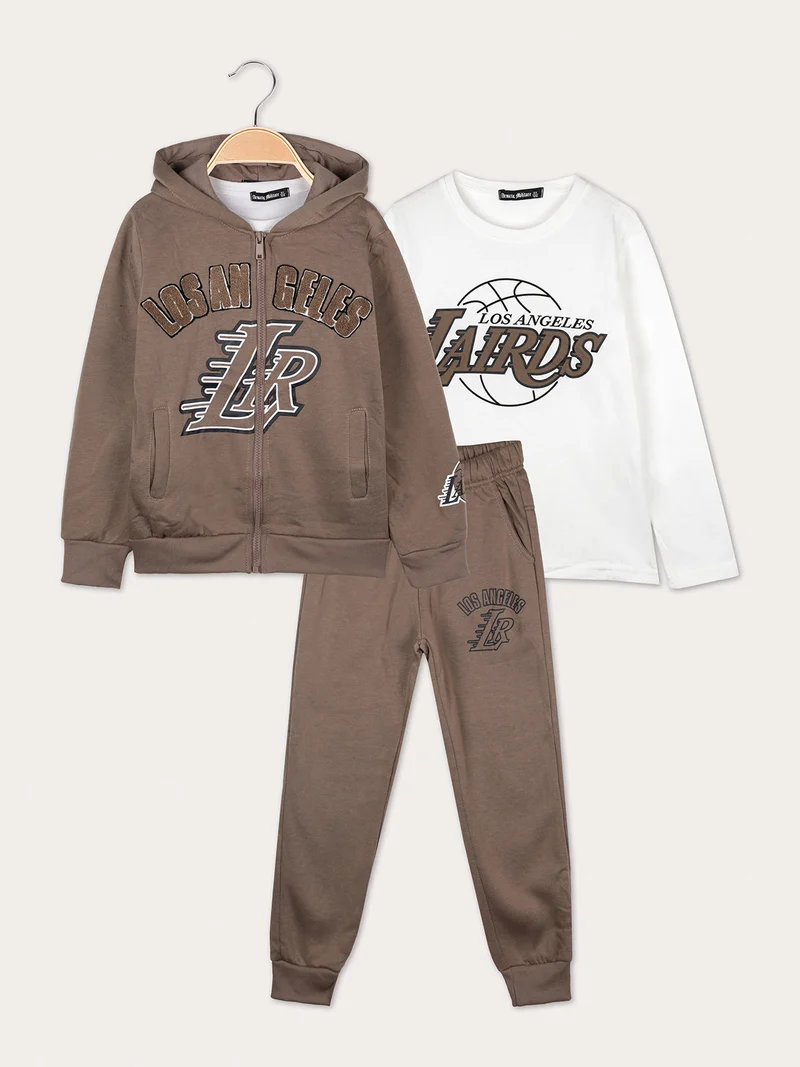 Completo 3 pezzi da bambino con cappuccio e zip - marrone