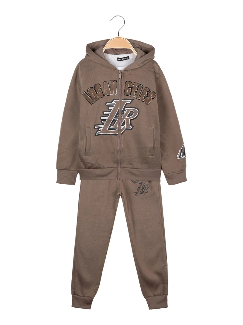 Completo 3 pezzi da bambino con cappuccio e zip - marrone