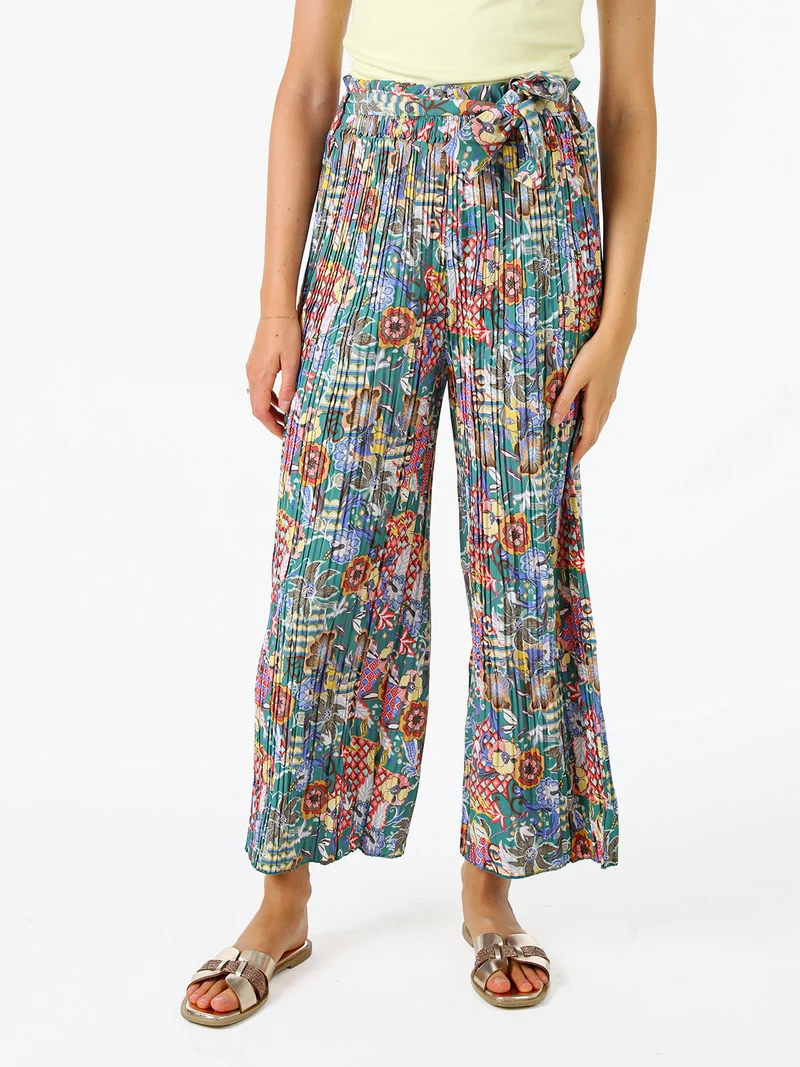 Pantaloni donna plissettati a gamba larga con stampe - verde