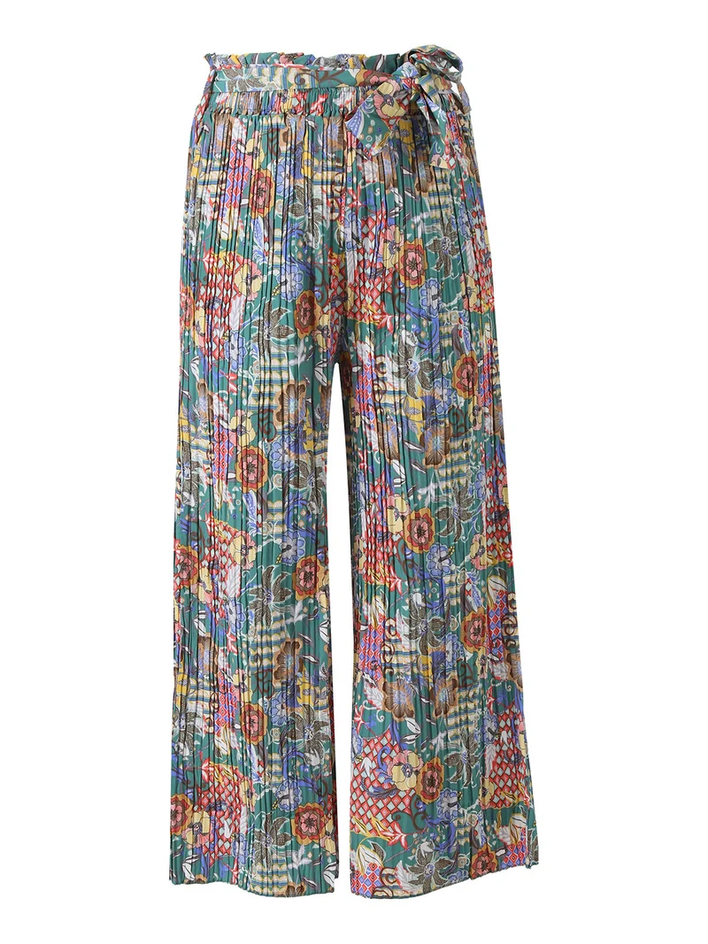 Pantaloni donna plissettati a gamba larga con stampe - verde