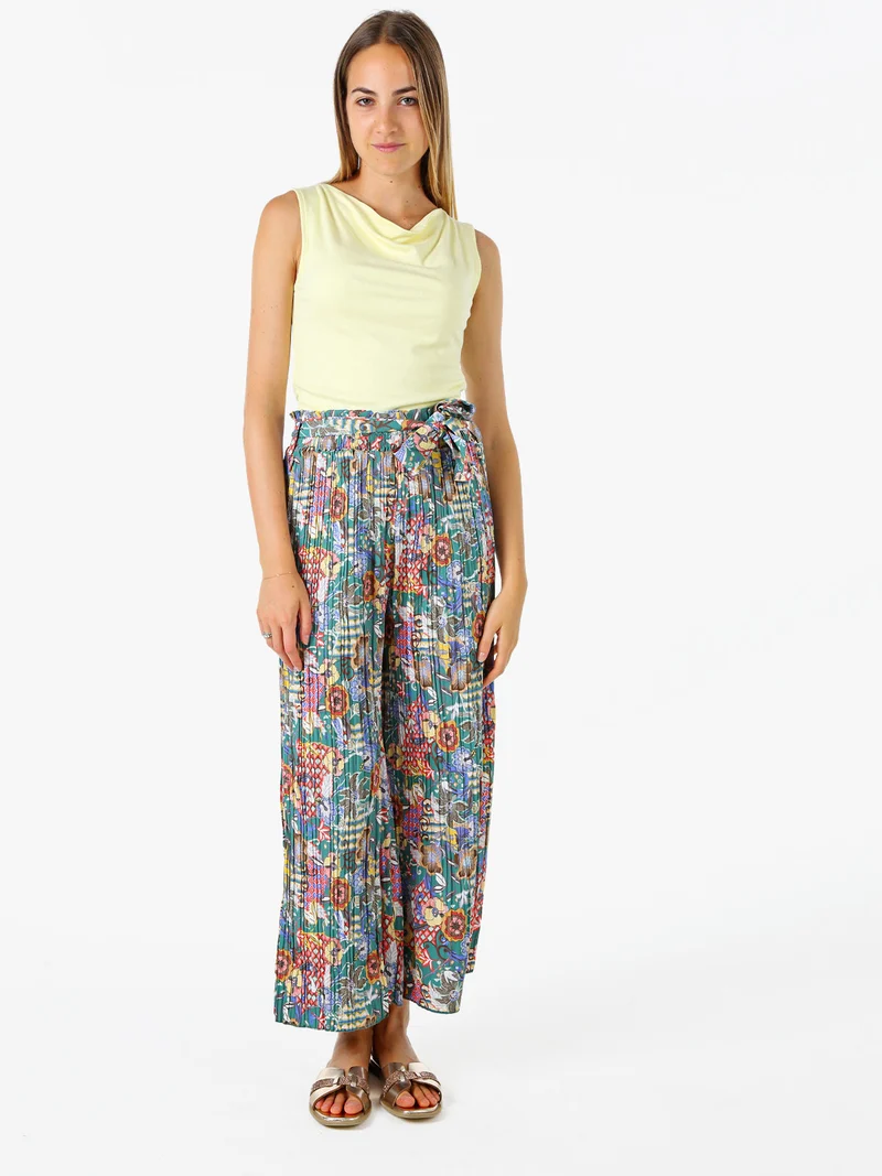 Pantaloni donna plissettati a gamba larga con stampe - verde