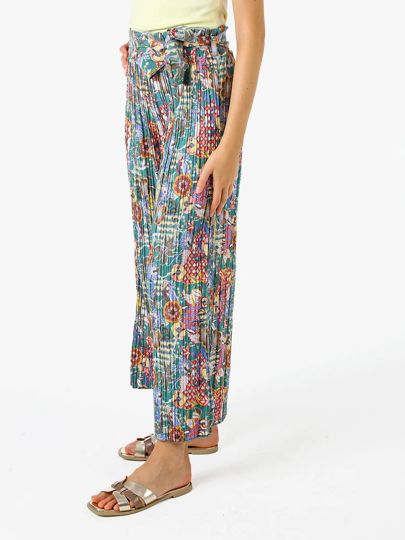 Pantaloni donna plissettati a gamba larga con stampe - verde
