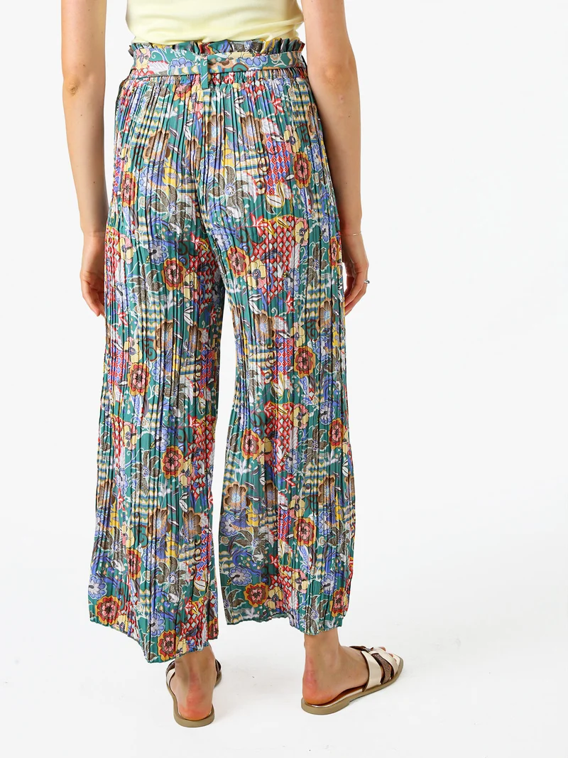 Pantaloni donna plissettati a gamba larga con stampe - verde