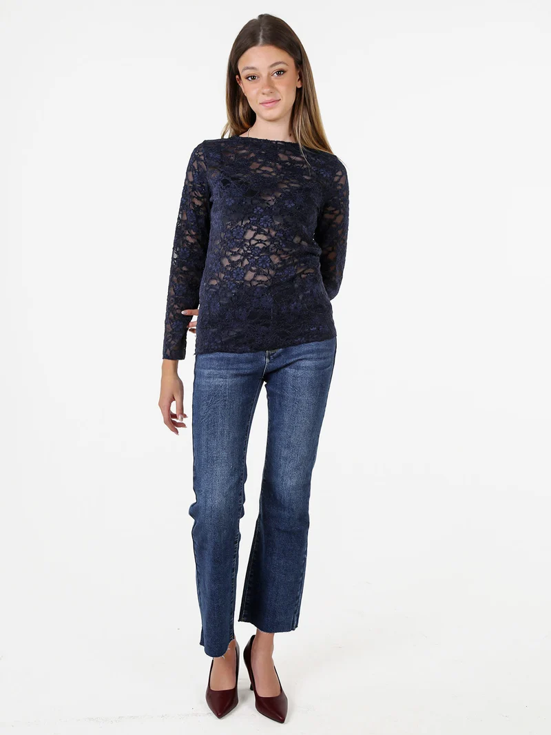 Blusa donna in pizzo con scollo a barchetta - blu scuro