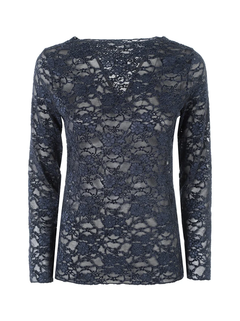 Blusa donna in pizzo con scollo a barchetta - blu scuro