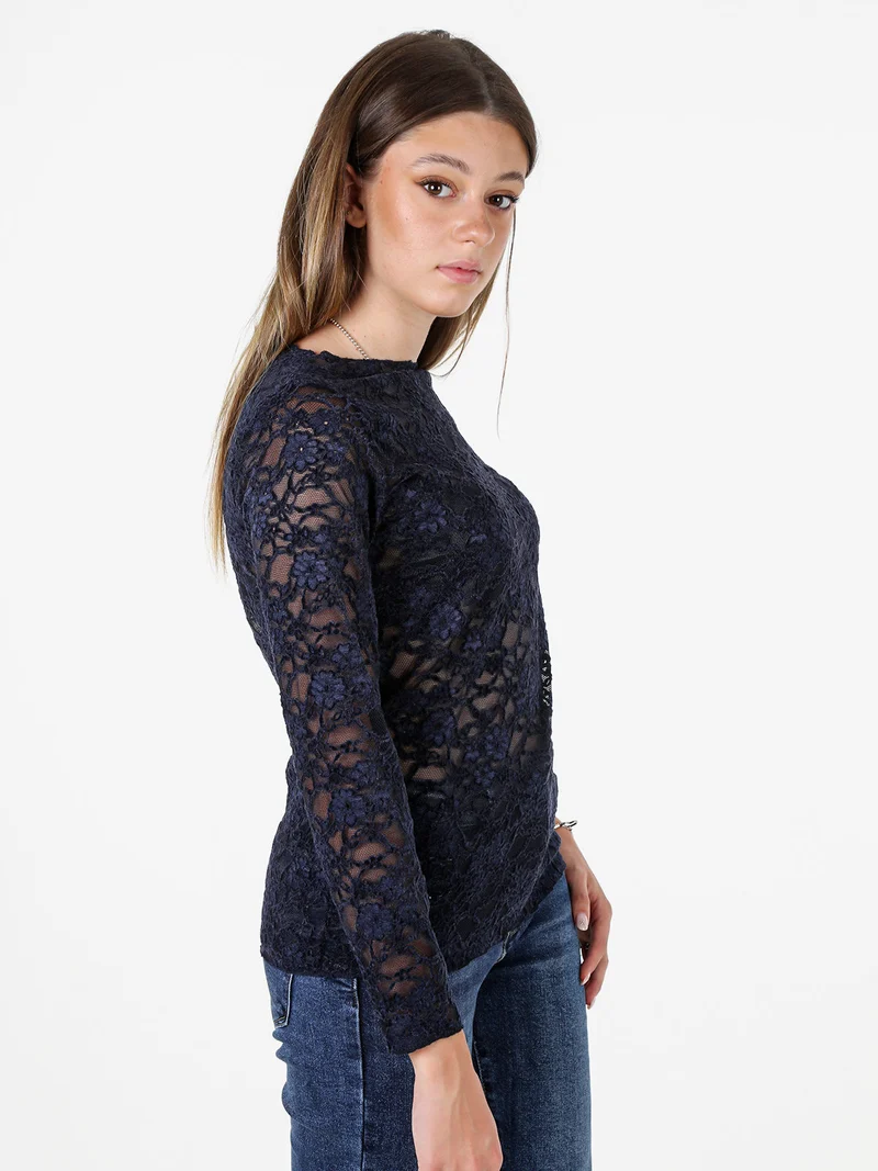 Blusa donna in pizzo con scollo a barchetta - blu scuro