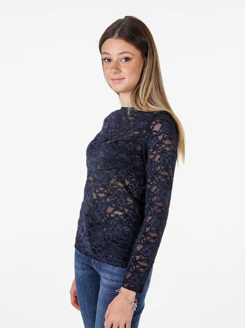 Blusa donna in pizzo con scollo a barchetta - blu scuro