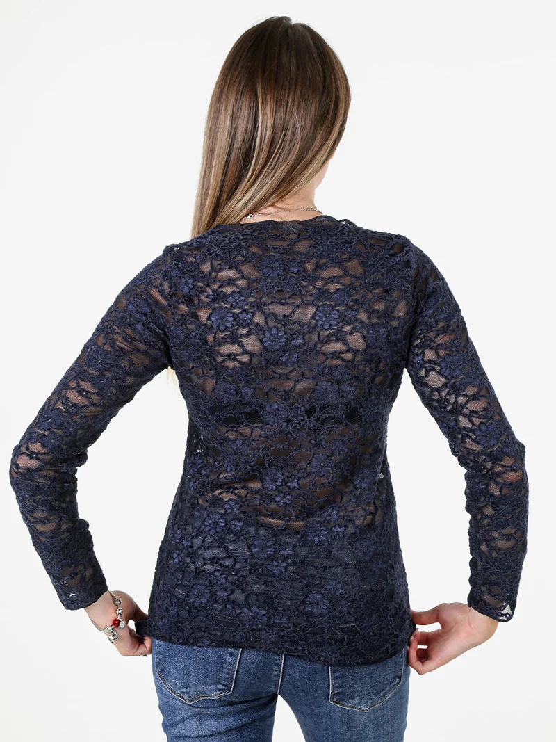 Blusa donna in pizzo con scollo a barchetta - blu scuro