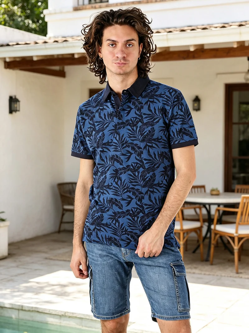 Polo da uomo in cotone a maniche corte con stampa floreale - blu