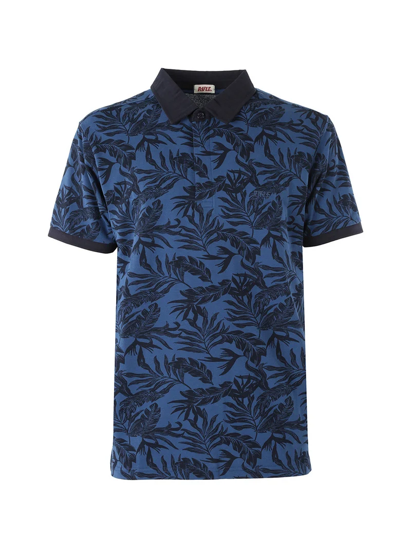 Polo da uomo in cotone a maniche corte con stampa floreale - blu