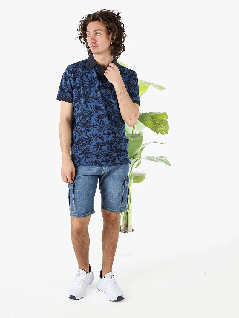 Polo da uomo in cotone a maniche corte con stampa floreale - blu