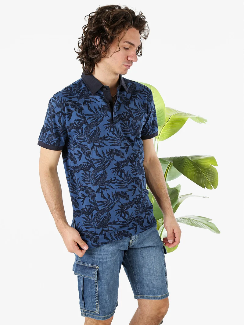 Polo da uomo in cotone a maniche corte con stampa floreale - blu