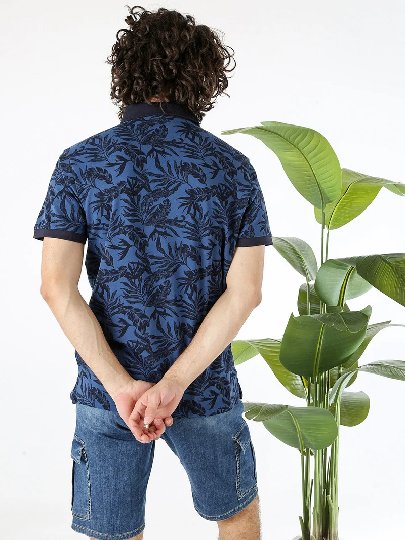 Polo da uomo in cotone a maniche corte con stampa floreale - blu