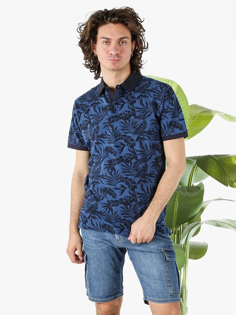 Polo da uomo in cotone a maniche corte con stampa floreale - blu