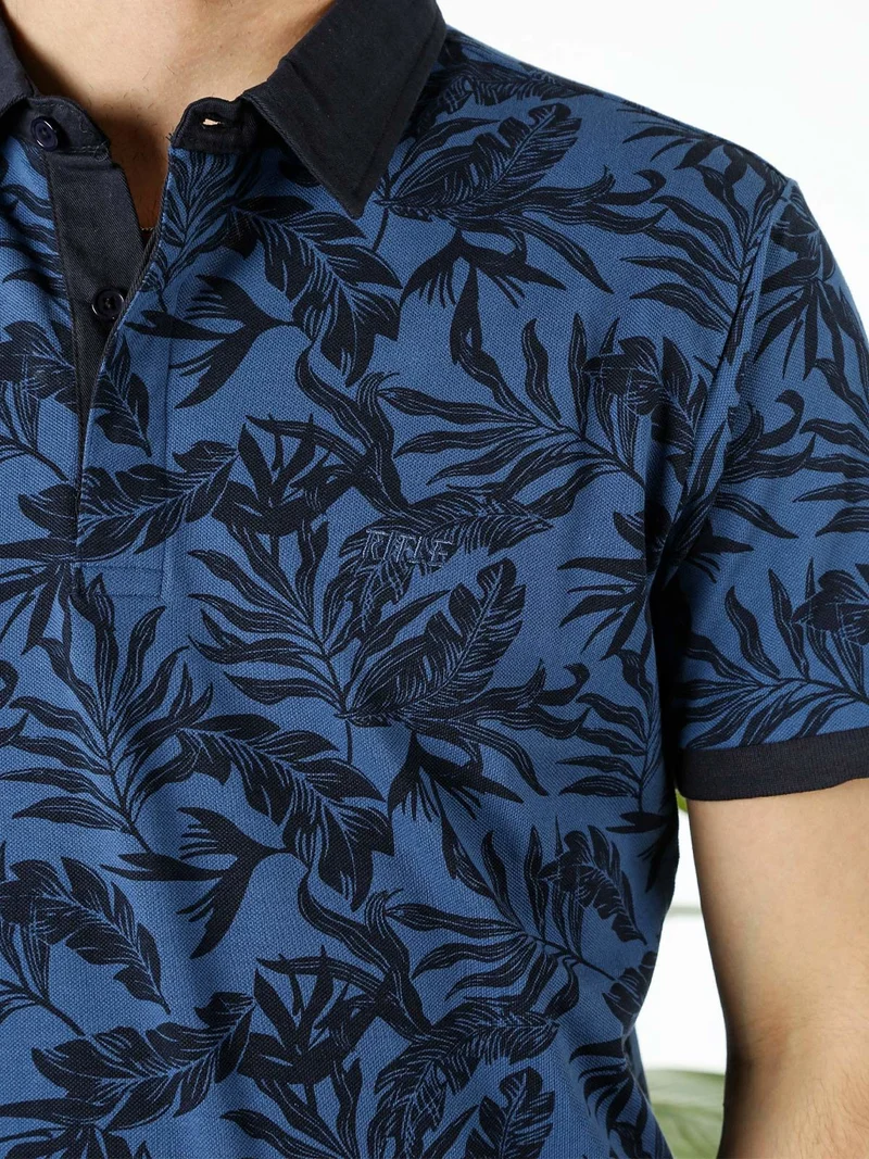 Polo da uomo in cotone a maniche corte con stampa floreale - blu
