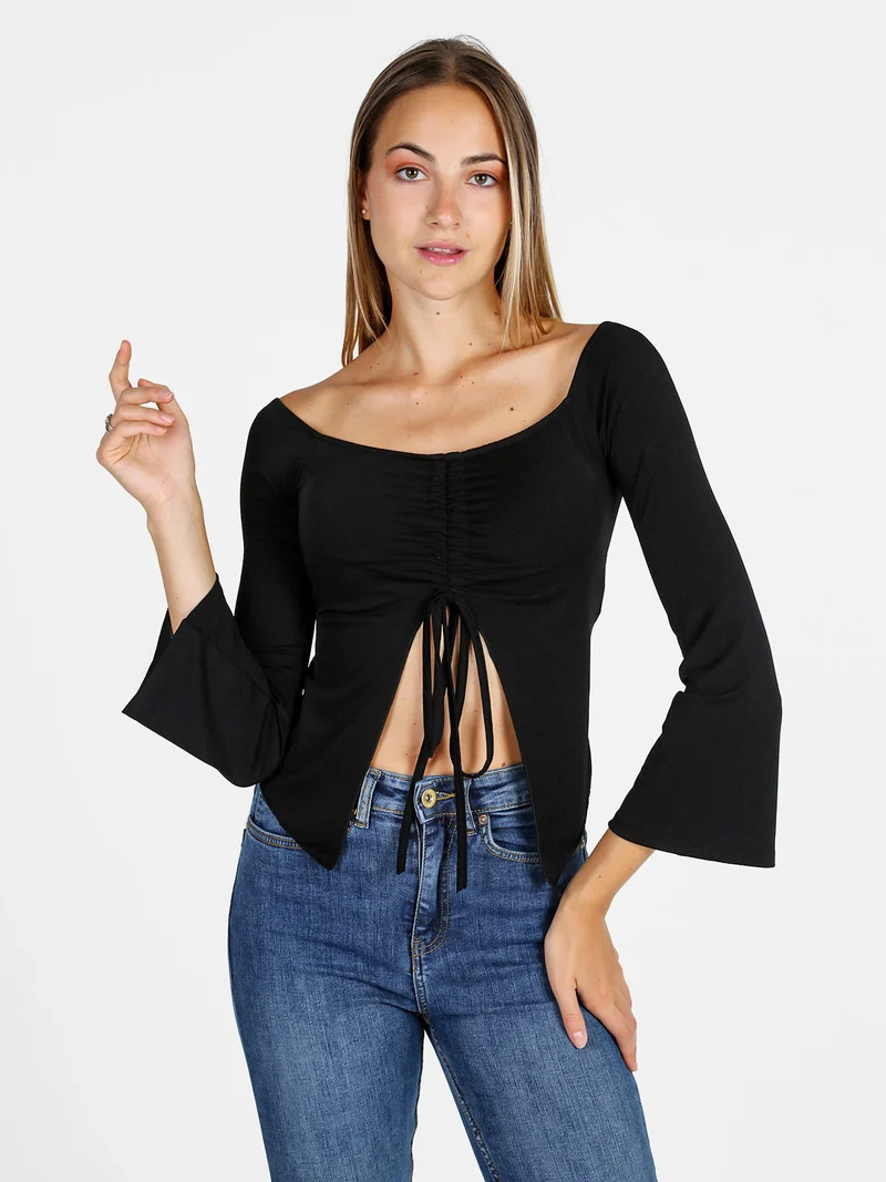 Top donna con maniche lunghe a campana e laccetti - nero