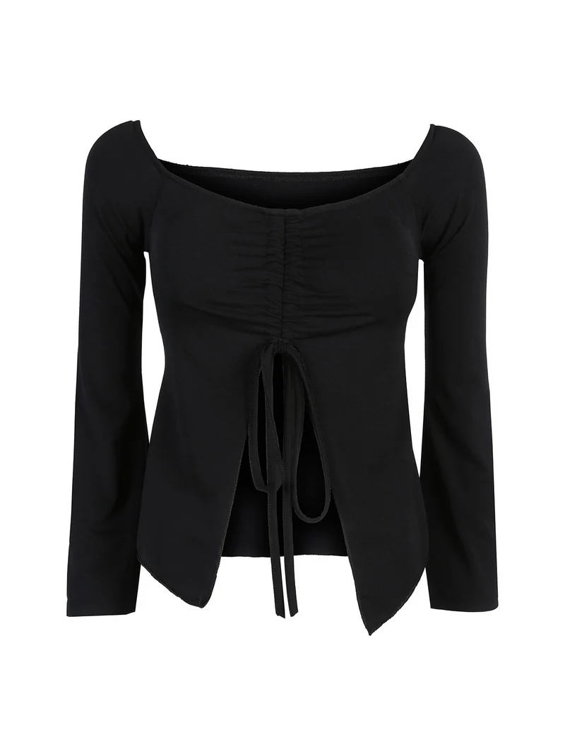 Top donna con maniche lunghe a campana e laccetti - nero